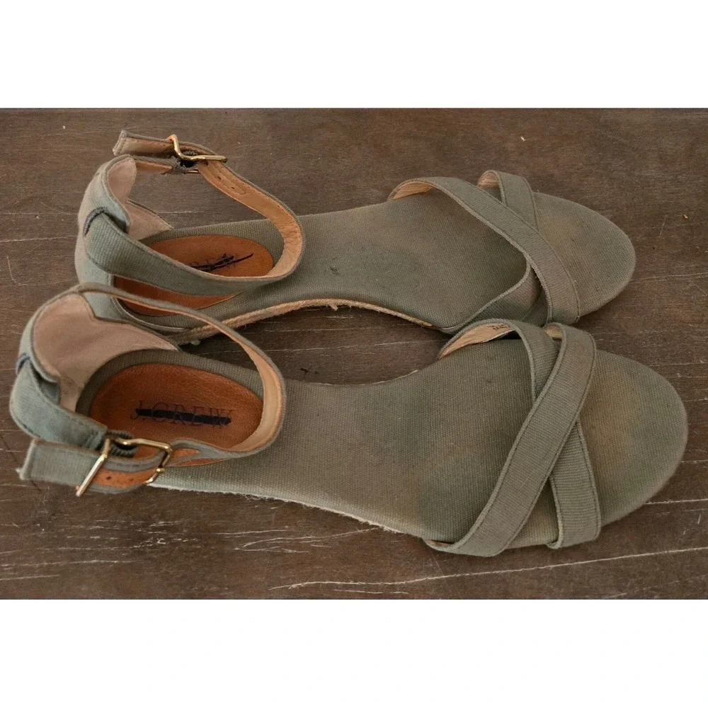 J. Crew Espadrille Wedge Sandals Ankle Strap Canvas‎ Olive Green Size 8.5